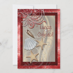 Shimmering Seashell Red Beach Wedding Invitation Kaart