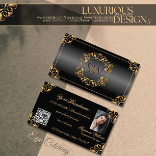 Shimmery Black Gold Decor Monogram Foto QR-code Visitekaartje