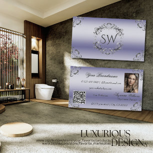 Shimmery Blauw Zilver Decor Monogram Foto QR Code Visitekaartje