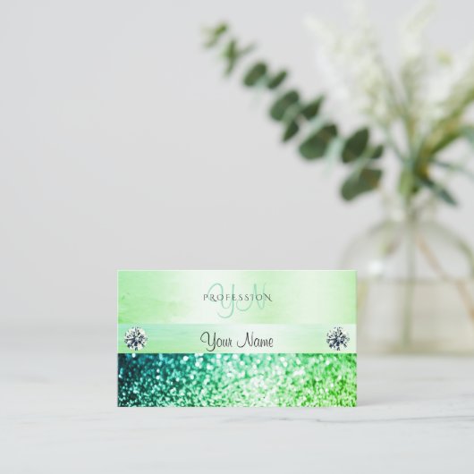 Shimmery Blauwgroen Green Glitter Monogram Profess Visitekaartje (Staand voorkant)
