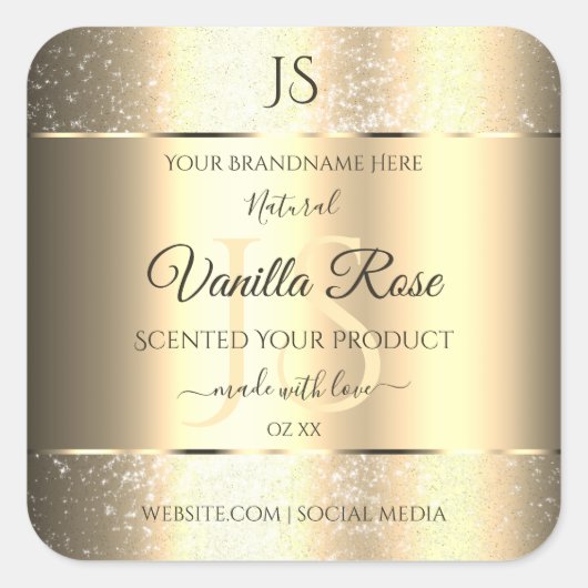 Shimmery Gold Soft Glitter-Initialen Productlabels Vierkante Sticker (Voorkant)