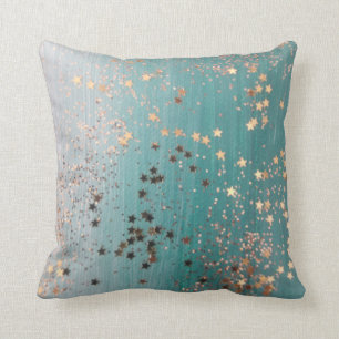 Shimmery Gold Stars op Blauwgroen  Kussen