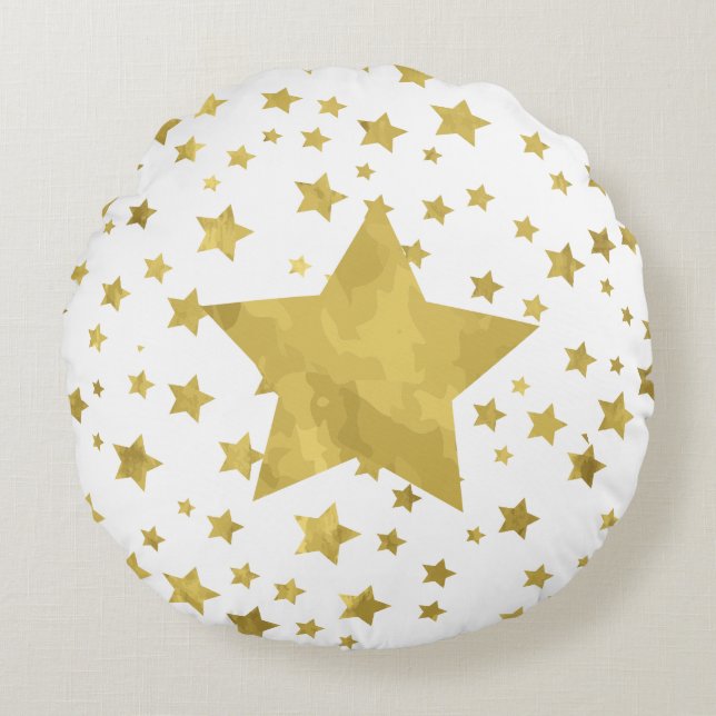 Shimmery Goldstars Golden Star Pattern Rond Kussen (Voorkant)