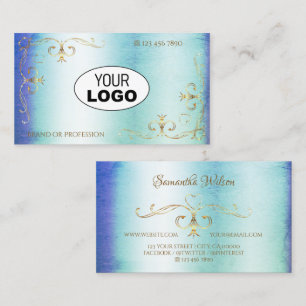 Shimmery Marble Blue Blauwgroen Gold Corners Logo Visitekaartje