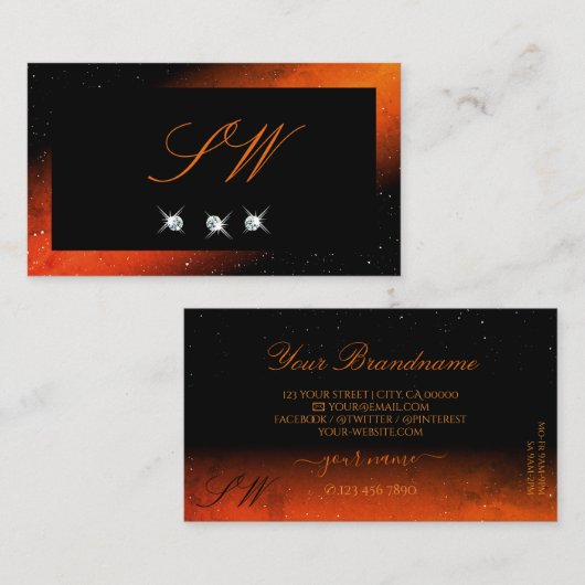 Shimmery Oranje Black Sparking Diamonds Monogram Visitekaartje (Voorkant / Achterkant)