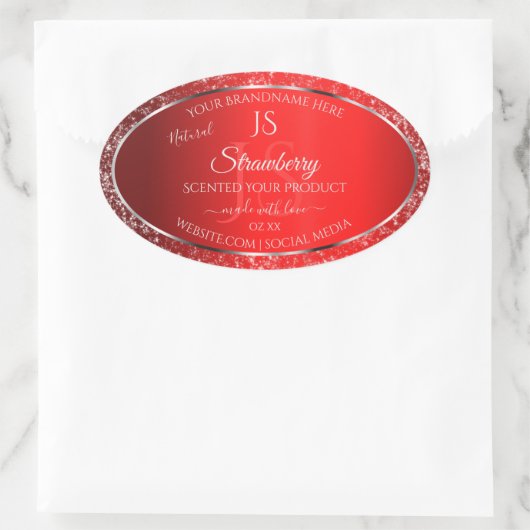 Shimmery Red met Glitter Initialen Productlabels Ovale Sticker (Tas)