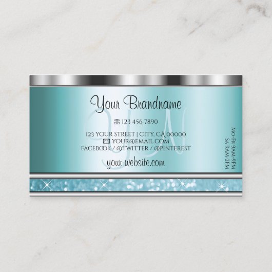 Shimmery Silver Sparking Blauwgroen Glitter Monogr Visitekaartje (Achterkant)