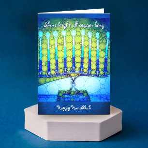 "Shine" blue menorah foto, aangepaste naam Hanukka Feestdagen Kaart