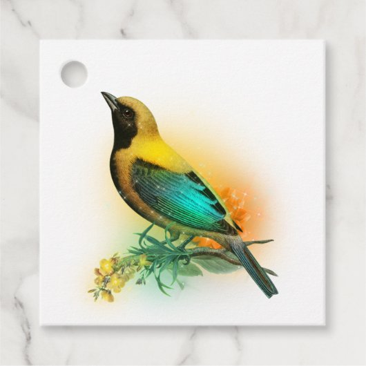 Shining Fantasy Yellow en Turquoise Bird Bedankjes Labels (Voorkant)
