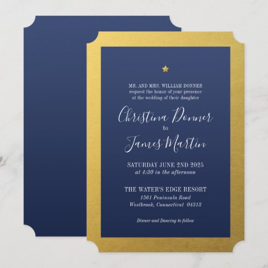 Shining Star Navy Gold Ticket Wedding Invitation Kaart (Voorkant / Achterkant)