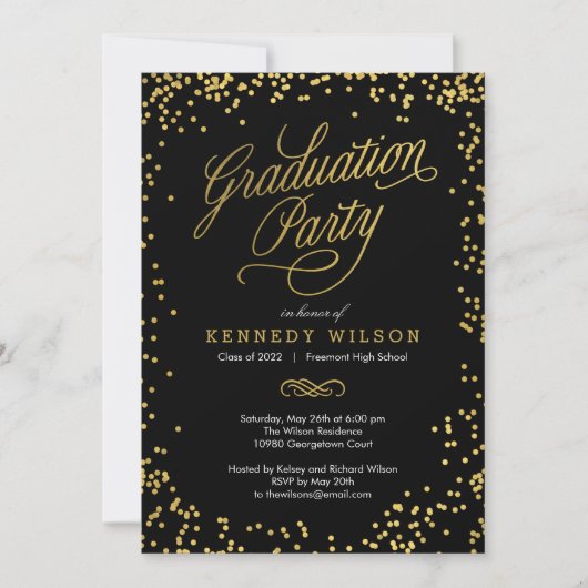 Shiny Confetti Graduation Party Invitation Black (Devant)