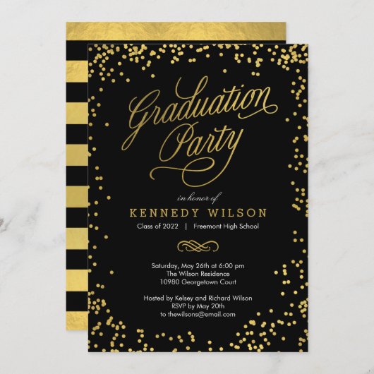 Shiny Confetti Graduation Party Invitation Black (Devant / Derrière)