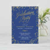 Shiny Confetti Graduation Party Invitation Blue Kaart (Staand voorkant)