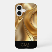 Shiny Gold Abstract Sleek Black Monogrammed iPhone 16 Hoesje (Achterkant)