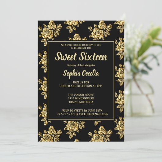 Shiny Gold Roos Sweet 16 Invitation Kaart (Staand voorkant)