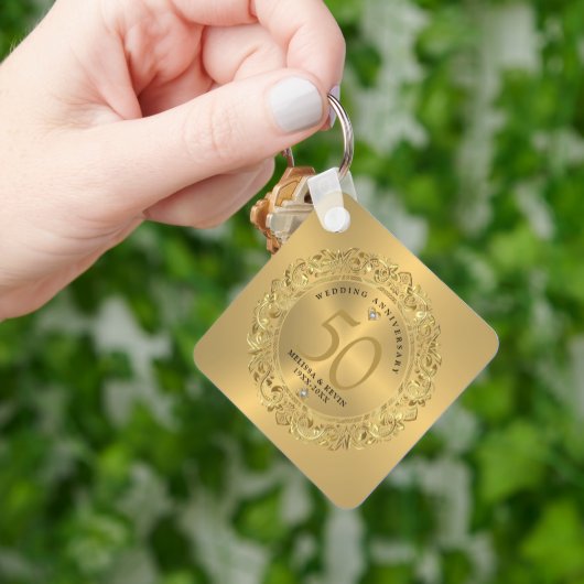Shiny Gold Swirls Circle Lijst 50e bruiloft Sleutelhanger (Hand)