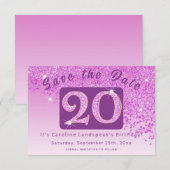 Shiny Pink Glitter voor 20e verjaardag Save The Date (Voorkant / Achterkant)
