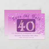 Shiny Pink Glitter voor 40e verjaardag Save The Date (Voorkant / Achterkant)