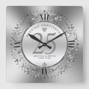 Shiny Silve Swirls Circle 25th bruiloft Vierkante Klok