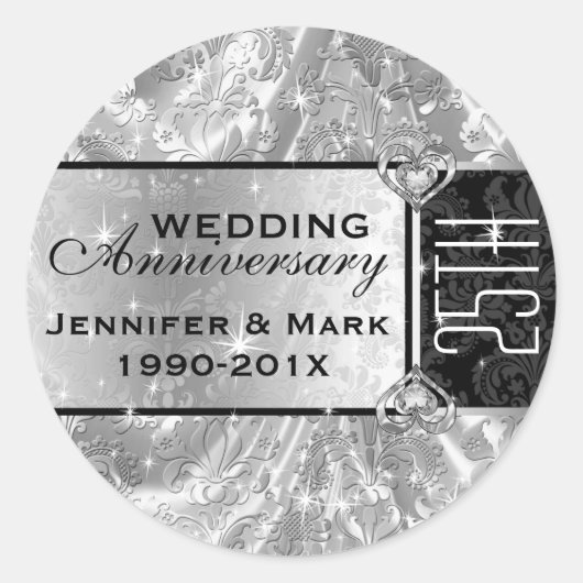Shiny Silver & Sparkles 25e bruiloft Jubileum Ronde Sticker (Voorkant)