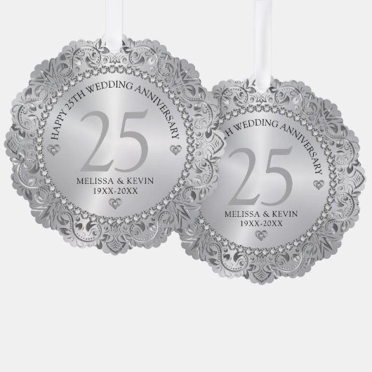 Shiny Silver Swirls Circle Lijst 25e bruiloft Ornament Kaart (Voorkant / Achterkant)
