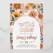 Shiny Wild One Retro Wildflower 1e verjaardagsfees Folie Uitnodiging (Voorkant)