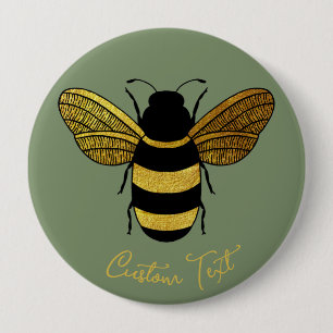 SHINY YELLOW GOLD BLACK BUMBLEBEE CUSTOM TEKST BEE RONDE BUTTON 4,0 CM