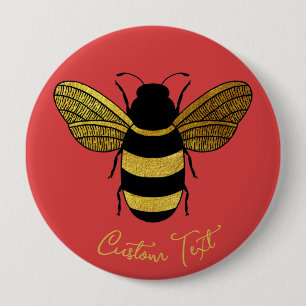 SHINY YELLOW GOLD BLACK BUMBLEBEE CUSTOM TEKST BEE RONDE BUTTON 4,0 CM