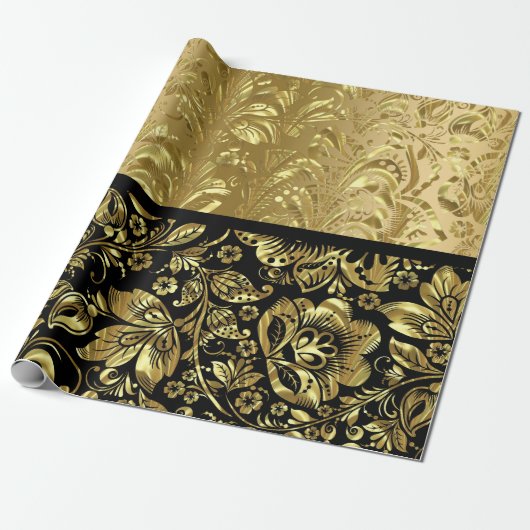ShinyGold en zwarte Damaskers Cadeaupapier (Uitgerold)