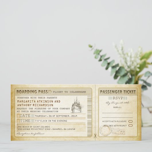 Ship Boarding Pass Wedding Tickets-Invitations & R Kaart (Staand voorkant)