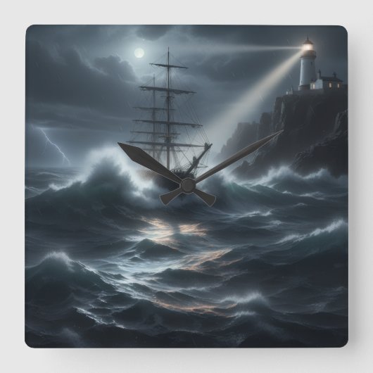 Ship in a storm guided by lighthouse - vierkante klok (Voorkant)