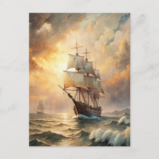 Ship Sailing Ocean Waves Sunset Nautical Sea Briefkaart (Voorkant)