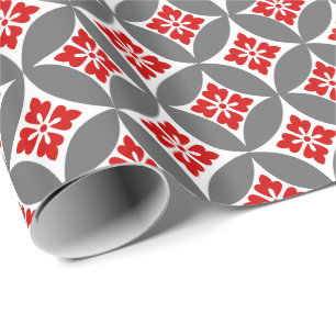 Shippo met bloemmotif, rood, wit en grijs cadeaupapier