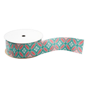Shippo met Flower Motif, Turquoise & Coral Oranje Grosgrain Lint