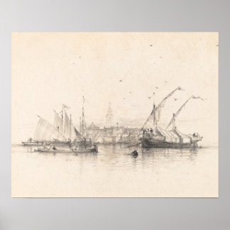 Ships in Zee Landscape Print,  schets Poster