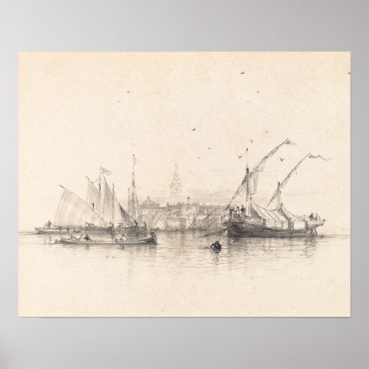 Ships in Zee Landscape Print,  schets Poster (Voorkant)