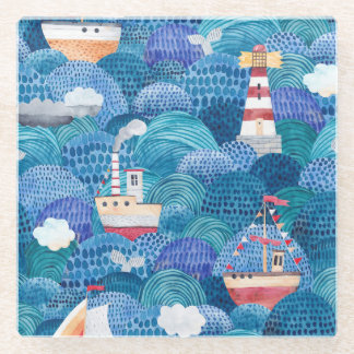 Ships & Lighthouse: Kinderachtige Waterverf Glazen Onderzetter