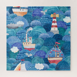 Ships & Lighthouse: Kinderachtige Waterverf Legpuzzel