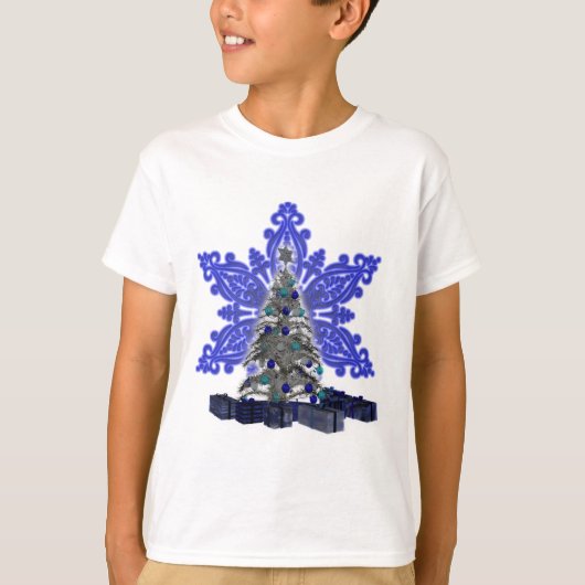 Shirt Blauwe Snowflake kerstboom (Voorkant)