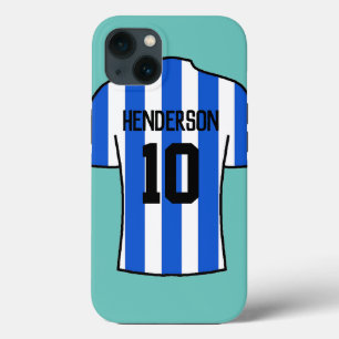 Shirt football in blauwe strepen met naam en numme iPhone 13 hoesje