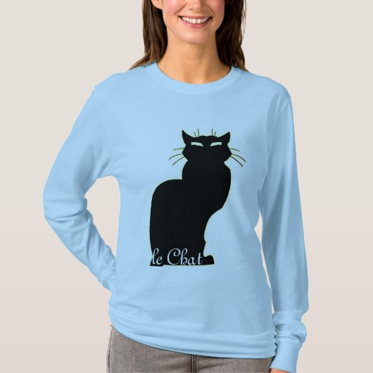Shirt met zwarte kat, blauw, dames en heren (Voorkant)