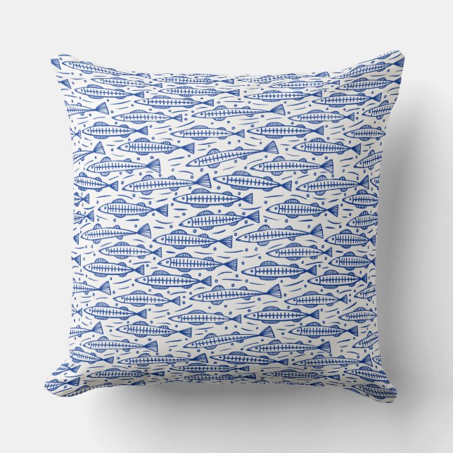 Shoal of Fish Pattern - Navy Blue op wit Kussen (Voorkant)