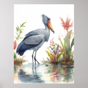 Shoebill Stork Waterverf schilderij Poster