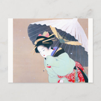 Shoen Uemura 上村松園 冬 雪 傘 着物 女性 舞妓 芸者 日本画 美人画 浮世絵 緑 Briefkaart