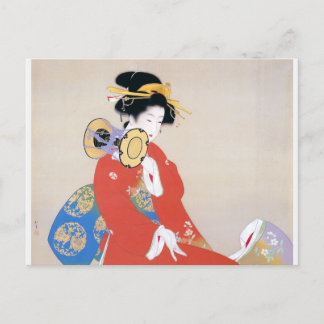 Shoen Uemura 上村松園 着物 女性 太鼓 楽器演奏 芸者 日本画 美人画 浮世絵 赤 青 Briefkaart