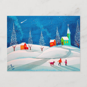 Shooister, folk naive art wintersneeuwscène briefkaart
