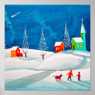 Shooister, folk naive art wintersneeuwscène poster