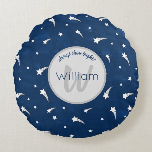 Shooting Stars Navy Blauwe Aquarel Monogram Rond Kussen (Voorkant)