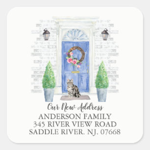 Shorthair Cat Blue Door Nieuw Adres Label Sticker