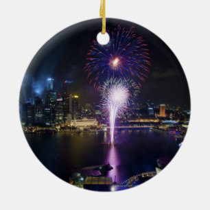 Show vuurwerk in Boat Quay Singapore City Skyline Keramisch Ornament